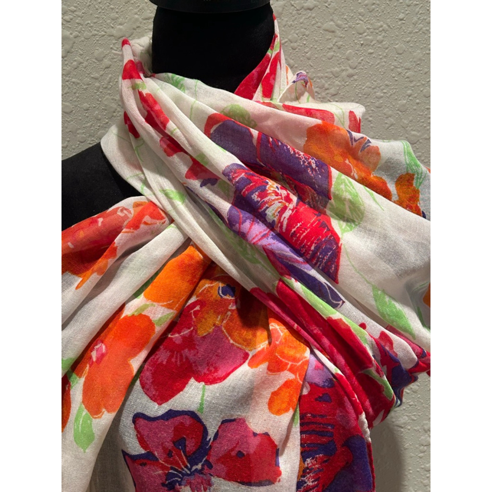 Women's Cynthia Rowley Floral Scarf & Wrap One Size White Red - Picture 3 of 7